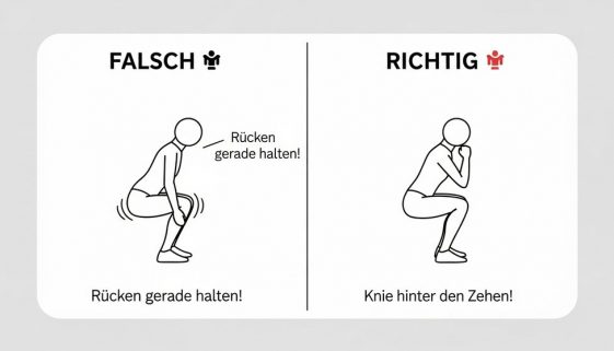 Infografik, die die falsche und richtige Ausführung einer Kniebeuge beim HIIT-Training gegenüberstellt.