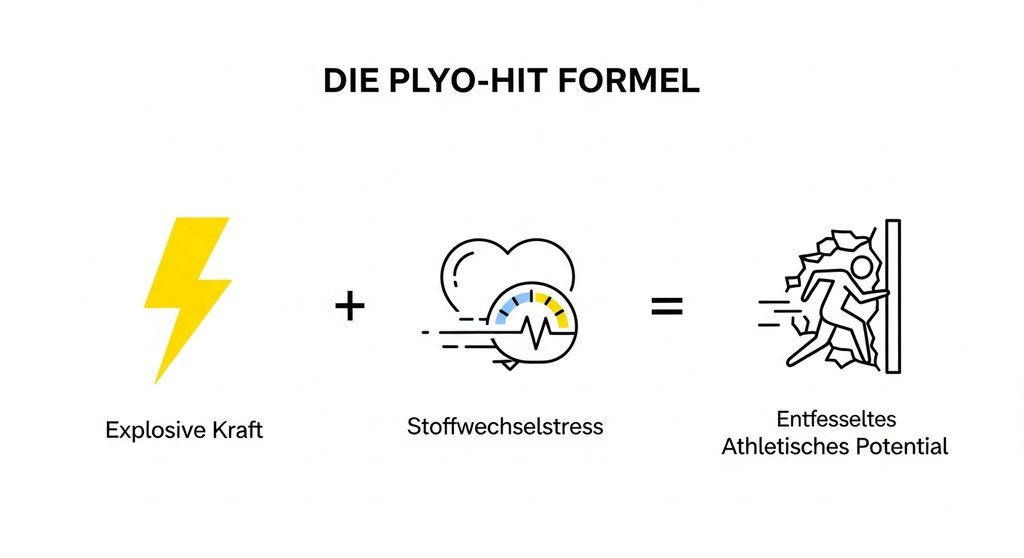 Infografik zeigt Formel für plyometrische HIIT Übungen: Explosivkraft + Ausdauer = Athletik.