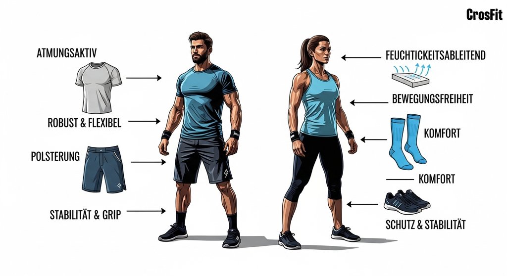 Infografik zur Kleidung für Crosstraining: optimale Ausrüstung für Männer und Frauen im Überblick.