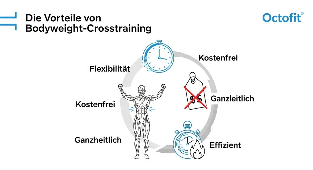 Infografik zu den Vorteilen von Crosstraining zuhause ohne Geräte.