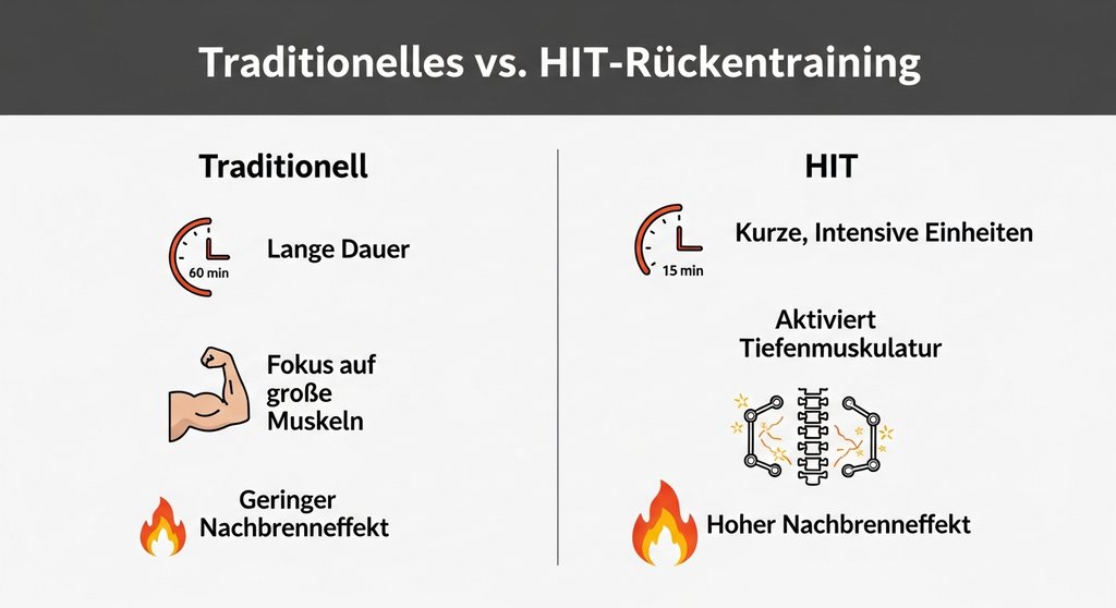 Infografik: Vorteile von HIIT Rückenübungen im Vergleich zu klassischem Rückentraining.