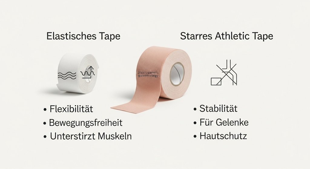 Infografik: Vergleich von elastischem Kinesio-Tape und starrem Tape für Hände im Crosstraining.