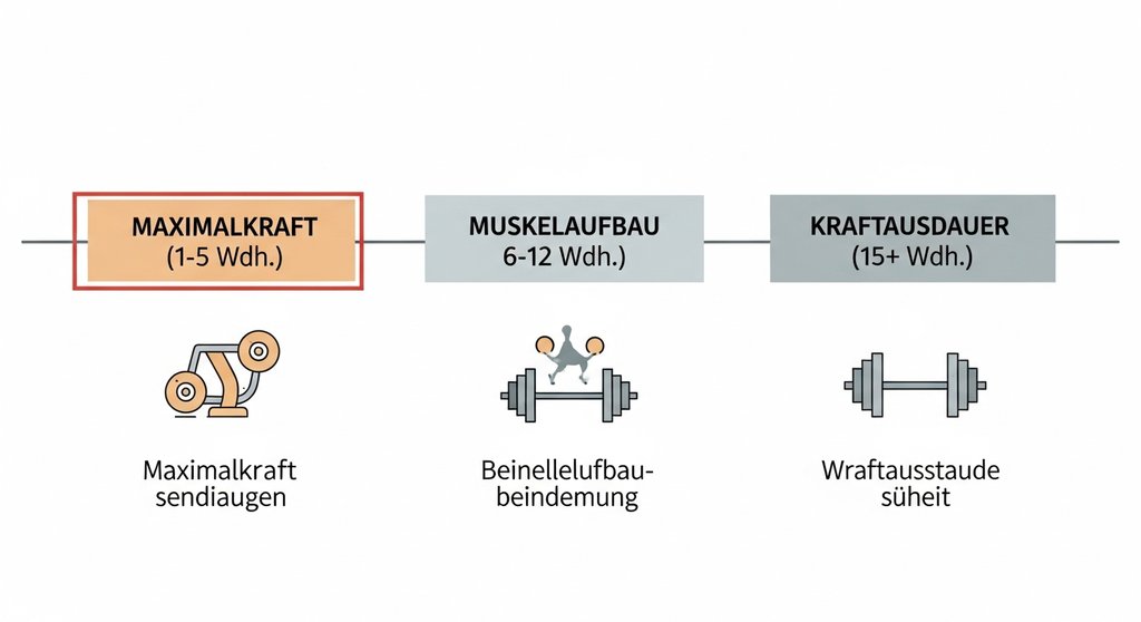 Infografik zeigt die Einordnung des 5x5 Trainingsplans im Wiederholungsbereich für Maximalkraft.