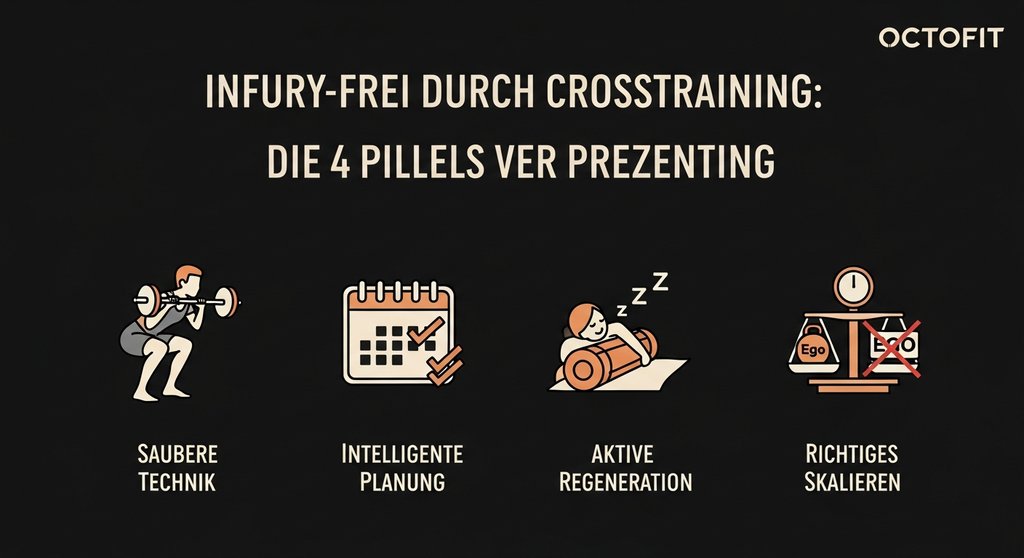 Infografik: Crosstraining Verletzungen vermeiden durch Technik, Planung, Regeneration und Skalierung.