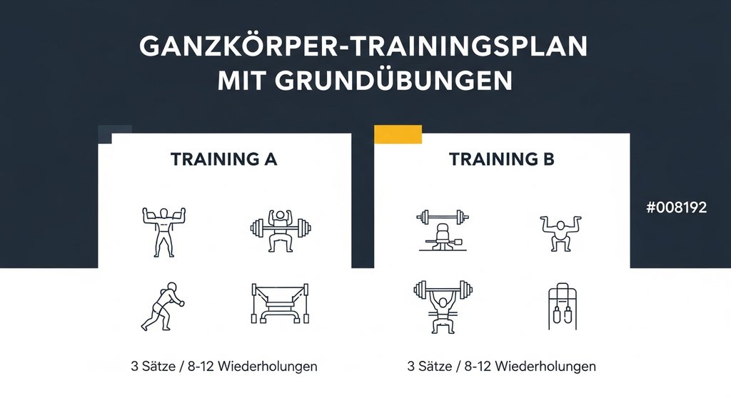 Infografik zeigt einen Grundübungen Trainingsplan für Anfänger mit Ganzkörper-Fokus.