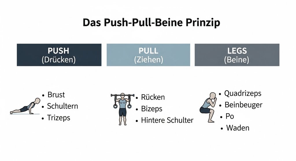 Infografik zum Push Pull Beine Trainingsplan, die die Muskelgruppen für Push, Pull und Leg Tage zeigt.