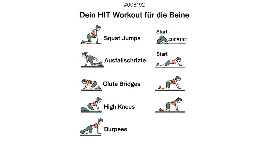 Infografik zeigt 5 Übungen für ein intensives HIIT für die Beine, inklusive Squat Jumps und Lunges.