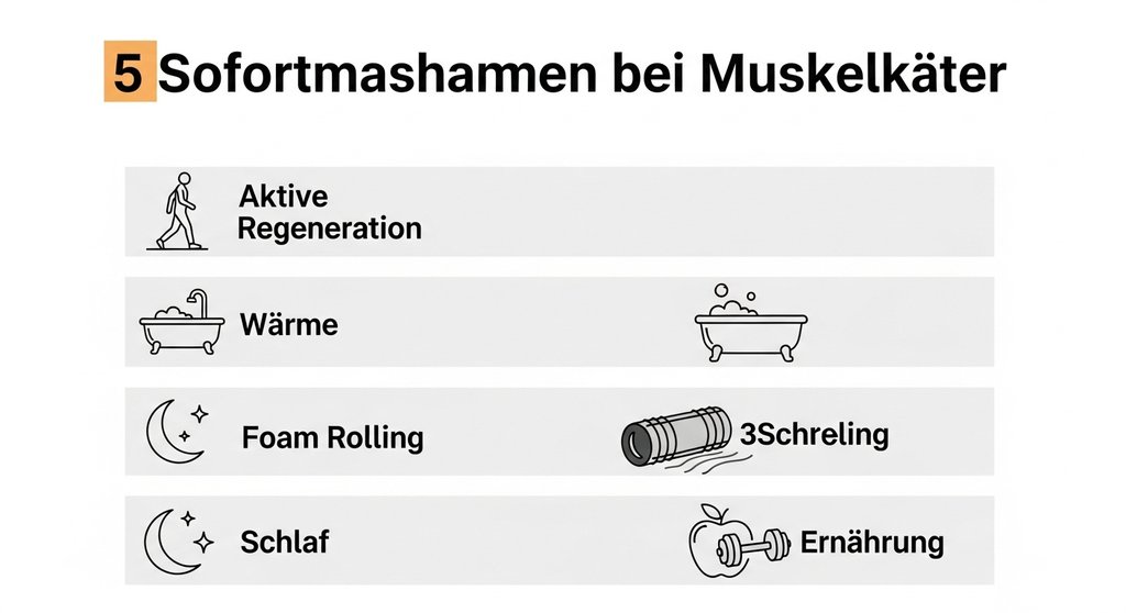 Infografik: 5 Sofortmaßnahmen bei Muskelkater nach dem WOD zur schnellen Regeneration.