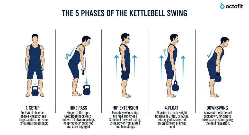 Infografik: Die 5 Phasen der korrekten Kettlebell Swing Technik für maximale Sicherheit.
