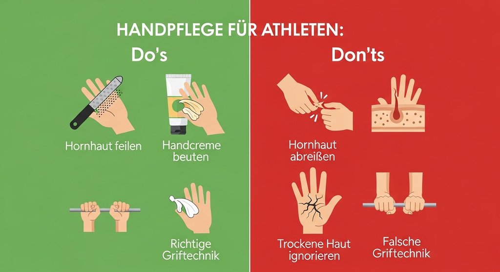 Infografik zur Handpflege für Sportler, um offene Hände und Risse zu vermeiden.
