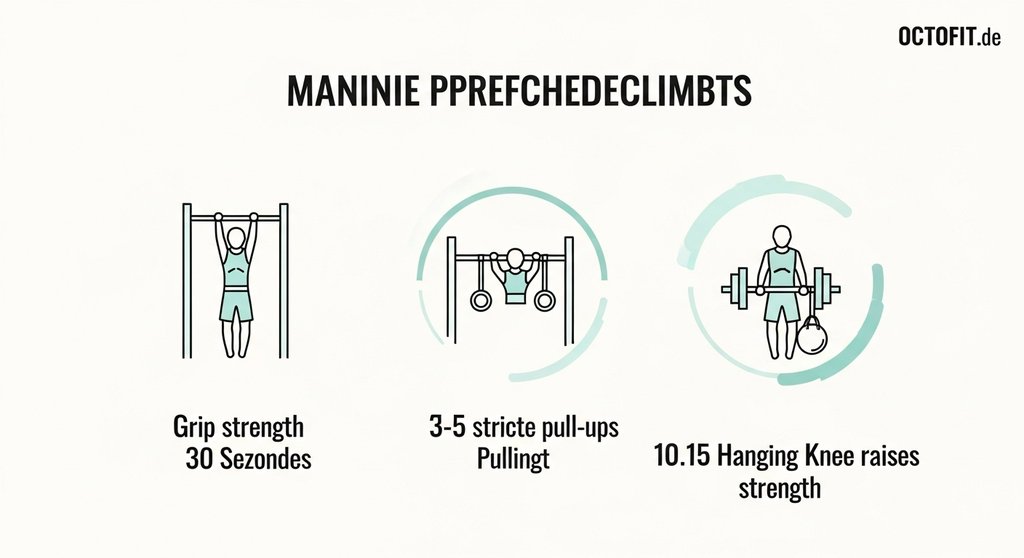 Infografik zu den 3 Voraussetzungen für Rope Climbs: 30s Hängen, 3-5 Klimmzüge, 10-15 Knieheben.