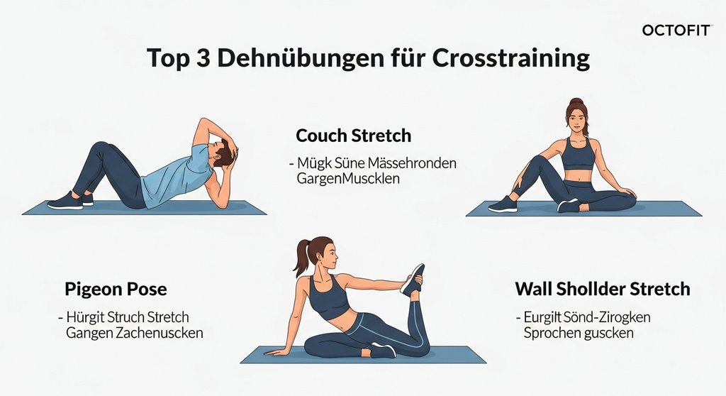 Infografik zu den Top 3 Dehnübungen für Crosstraining: Couch Stretch, Pigeon Pose und Schulter-Dehnung.