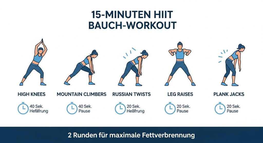 Infografik zum 15-minütigen HIIT Bauchmuskeltraining mit Übungen wie Plank Jacks und Leg Raises.
