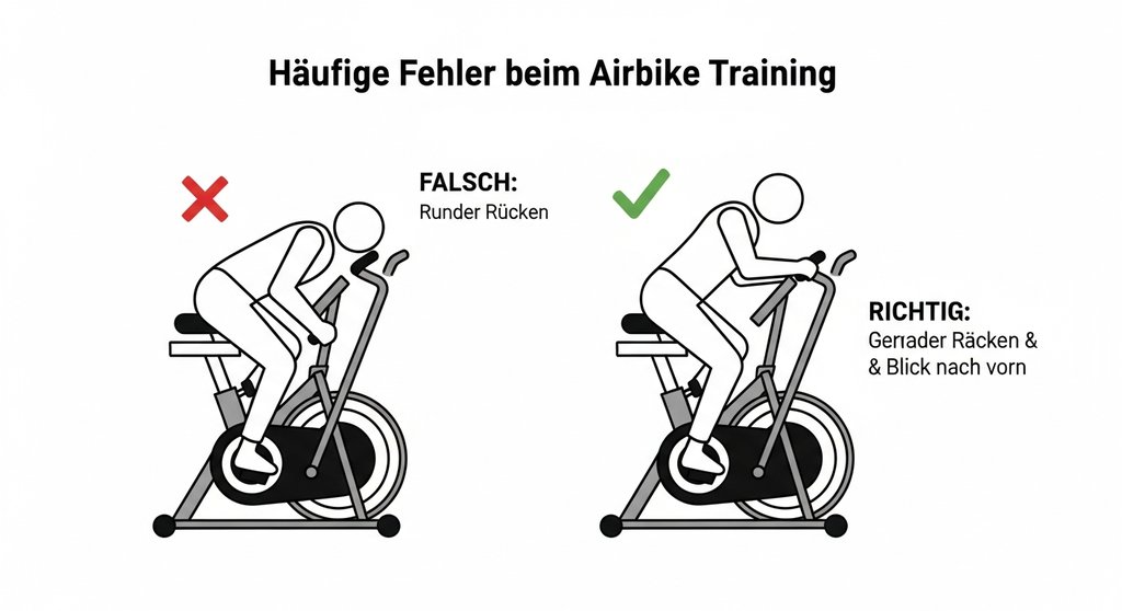 Infografik: Häufige Fehler vs. korrekte Technik für dein HIIT am Assault Bike.