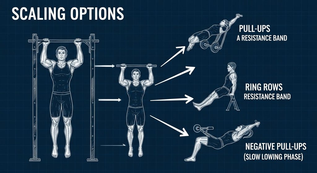 Infografik zum Scaled Crosstraining: Skalierungsoptionen für Klimmzüge (Pull-ups).