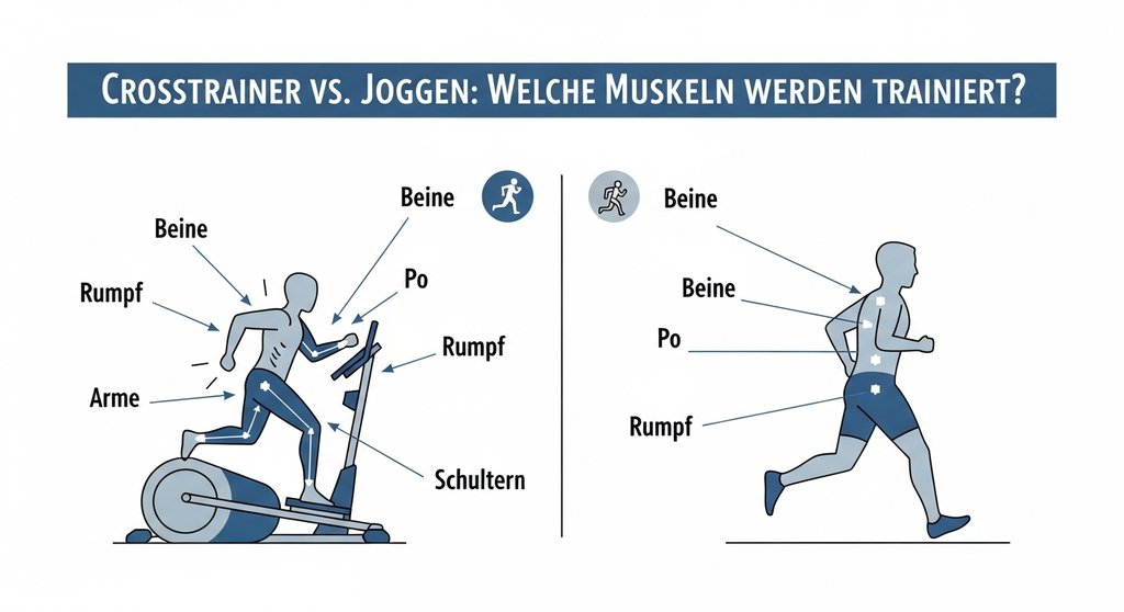 Infografik zum Crosstraining und Ausdauersport: Vergleich der Muskeln bei Crosstrainer vs. Joggen.