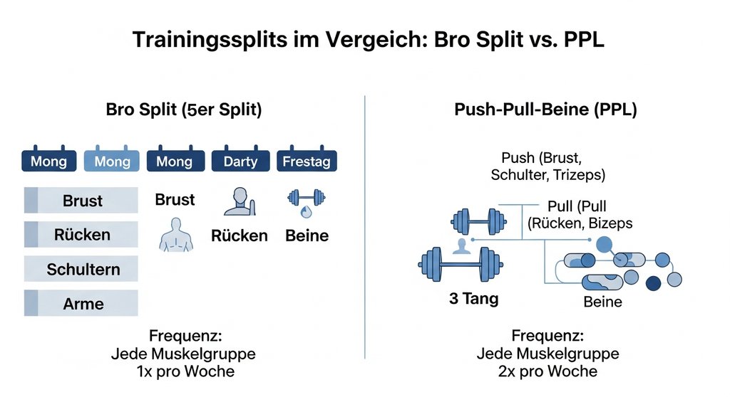 Infografik-Vergleich, der den Bro Split Trainingsplan einem Push-Pull-Beine Split gegenüberstellt.