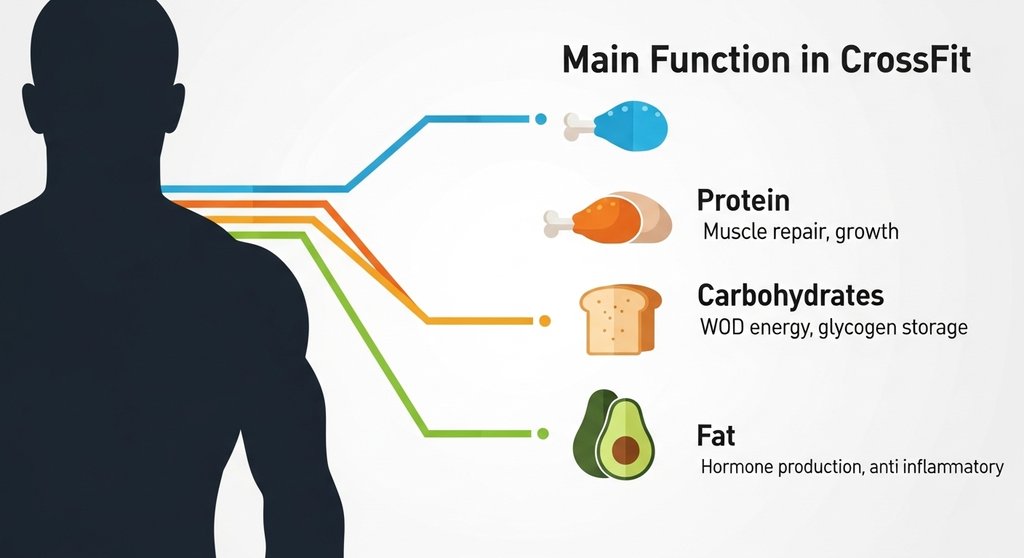 Die Funktion der Makros für CrossTraining: Infografik zu Protein, Kohlenhydraten und Fett.