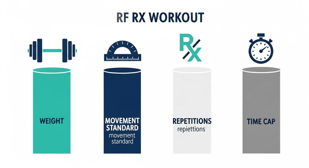 Infografik zu den vier Bausteinen eines RX Crosstraining Workouts: Gewicht, Bewegung, Wiederholungen, Zeit.