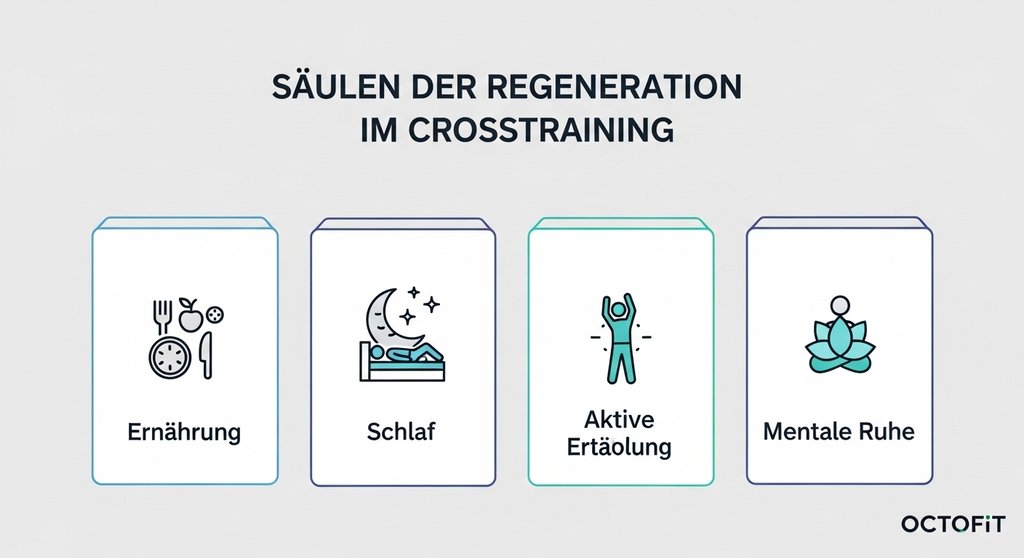 Infografik zu den 4 Säulen der Regeneration im CrossTraining: Ernährung, Schlaf, aktive Erholung, Ruhe.