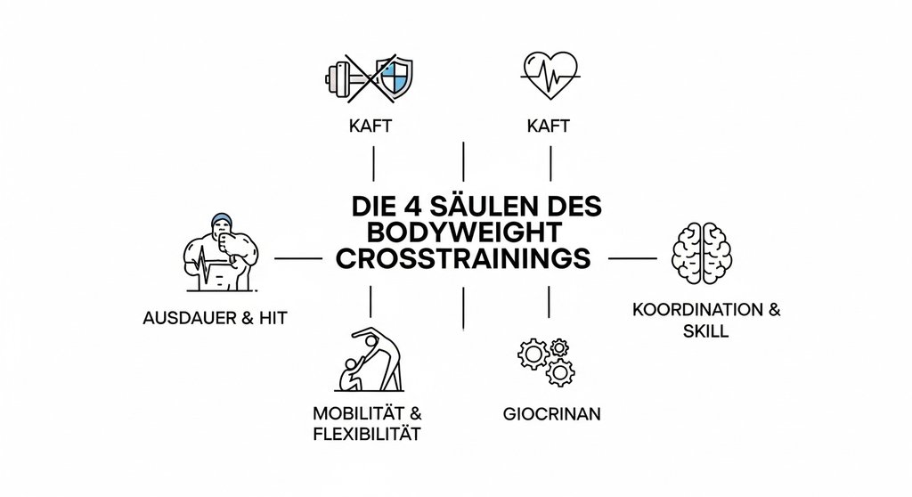 Infografik zu den 4 Säulen von Bodyweight Crosstraining: Kraft, Ausdauer, Mobilität, Koordination.