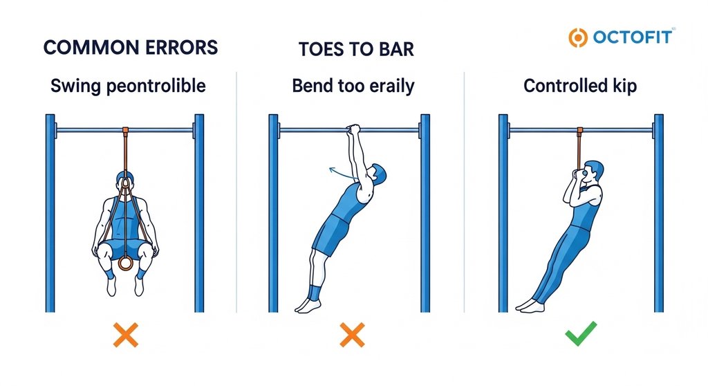 Infografik zur Vermeidung häufiger Fehler bei der Toes to Bar Technik, z.B. gebeugte Arme.