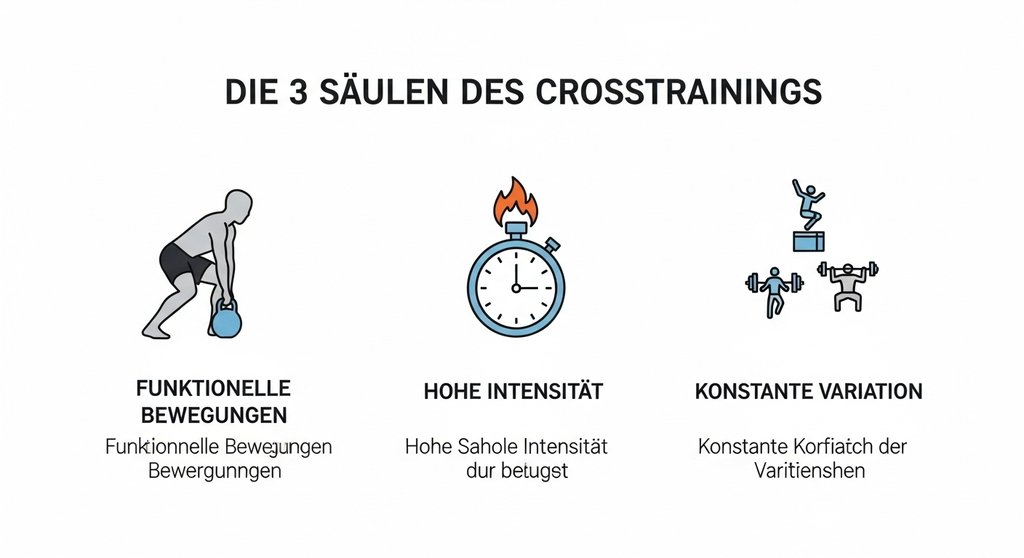 Infografik zeigt die 3 Säulen des Crosstrainings: Funktionelle Bewegung, Intensität und Variation.