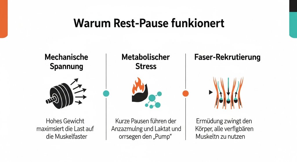 Infografik zeigt die 3 Säulen des Muskelaufbaus durch Rest-Pause Training.