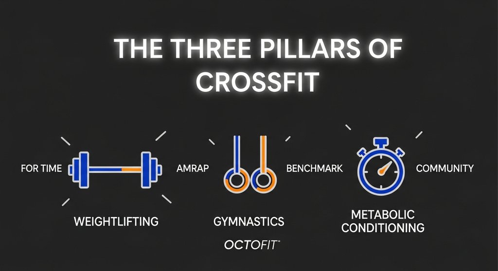 Infografik zu den drei Säulen von CrossFit, die das Fundament für die Girl WODs bilden.