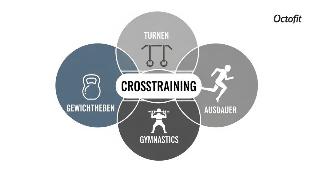 Infografik erklärt was Crosstraining ist: die drei Säulen Gewichtheben, Turnen und Ausdauer.