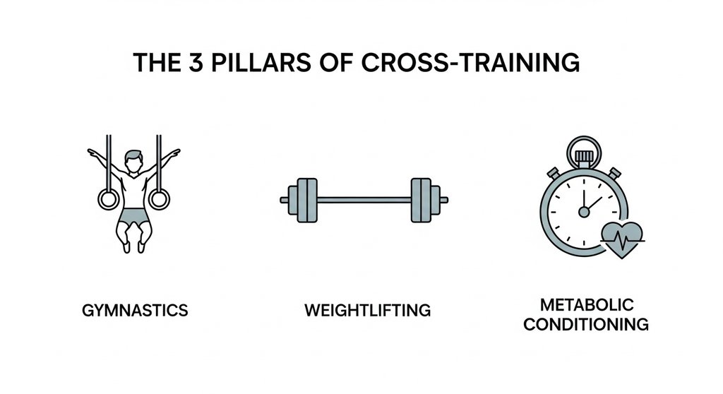 Infografik: Die 3 Säulen des Crosstraining für einen ausgewogenen Trainingsplan.