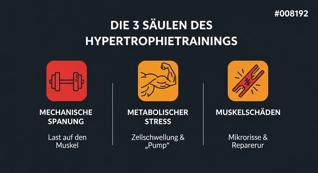 Infografik zu den 3 Treibern des Hypertrophietrainings: Spannung, Stress und Muskelschäden.