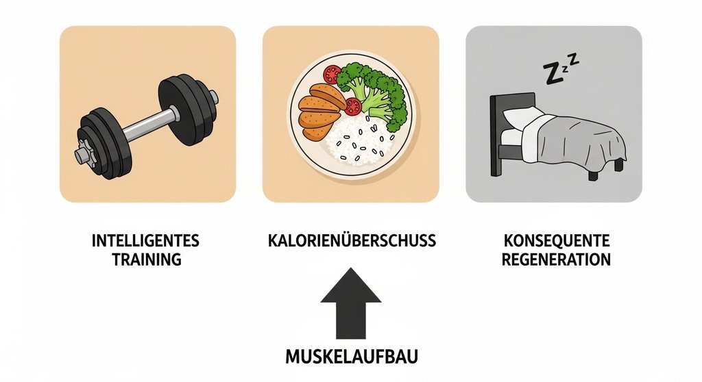 Infografik zum Crosstraining für Hardgainer: Die 3 Säulen Training, Ernährung & Regeneration.