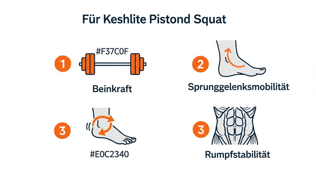 Infografik zeigt die 3 Voraussetzungen für Pistol Squats: Kraft im Bein, Mobilität & Rumpfstabilität.