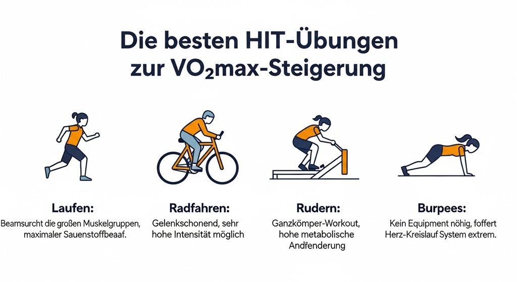 Infografik: Die besten HIIT Übungen wie Laufen und Rudern zur Steigerung der VO2max.