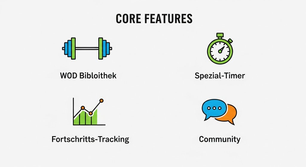 Infografik zeigt Hauptfunktionen einer Crosstraining App: WODs, Timer, Tracking und Community.