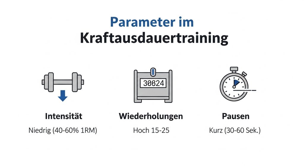 Infografik zum Kraftausdauer Trainingsplan: Intensität, Wiederholungen und Pausen.