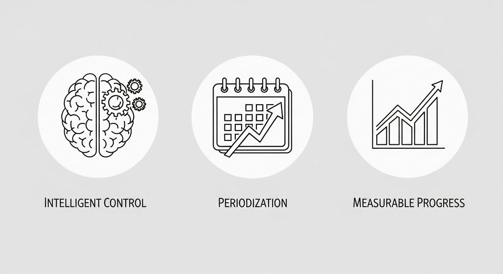 Infografik zeigt die Vorteile vom 1RM Rechner: intelligente Trainingssteuerung, Periodisierung und messbarer Fortschritt.