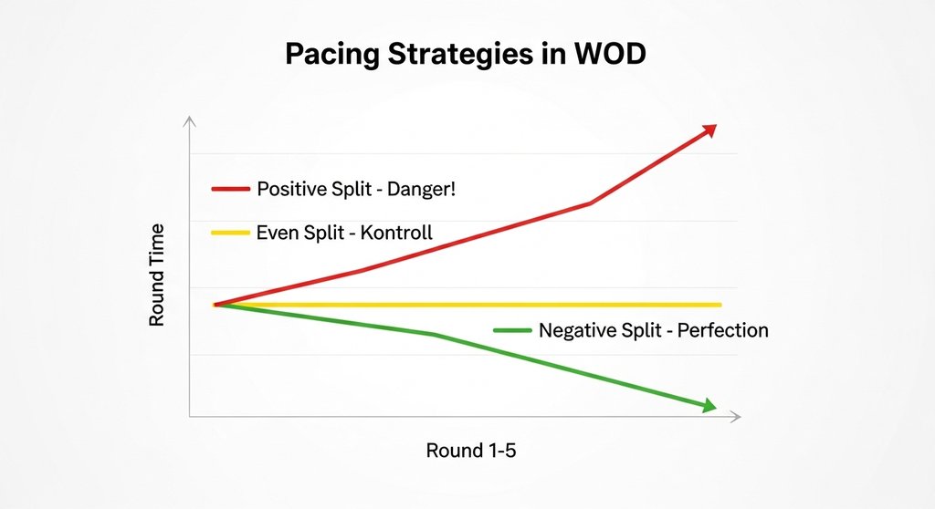Infografik zu Pacing-Strategien im WOD: Vergleich von positiven, gleichmäßigen und negativen Splits.