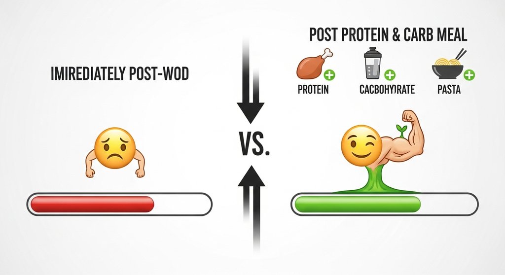 Infografik erklärt, warum das richtige Essen nach dem WOD den Muskelaufbau fördert.