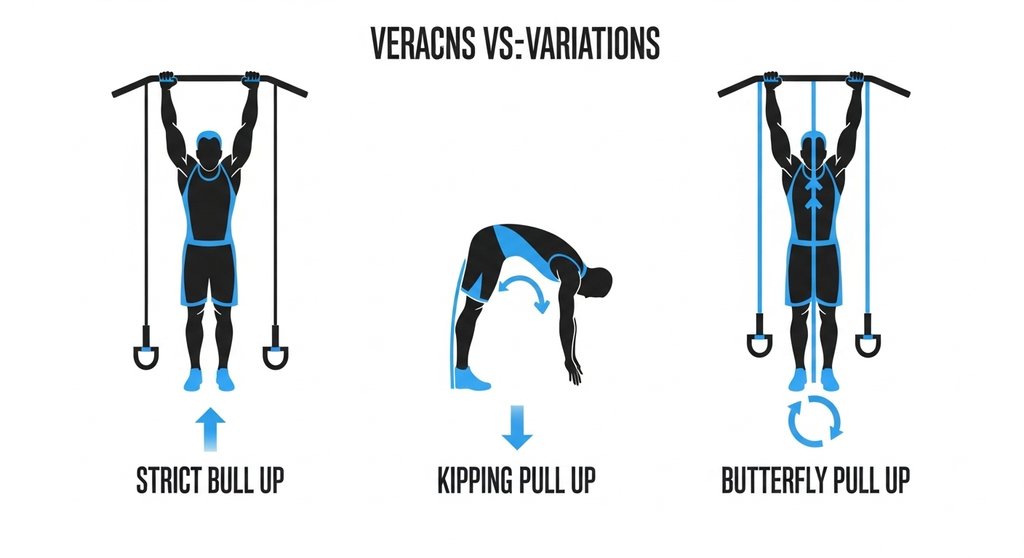 Infografik zum Vergleich der Bewegungsabläufe von Strict, Kipping und Butterfly Pull Up.