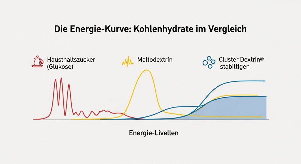 Infografik zum Vergleich der Energiefreisetzung von Zucker, Maltodextrin und Cluster Dextrin im Körper.