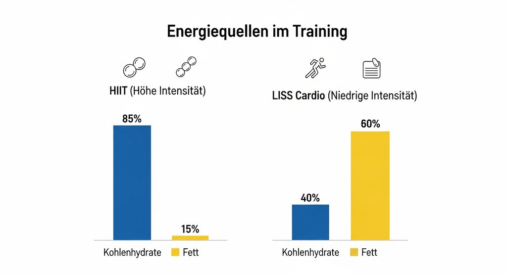 Infografik zum Vergleich der Energiequellen bei HIIT und moderatem Cardio-Training.