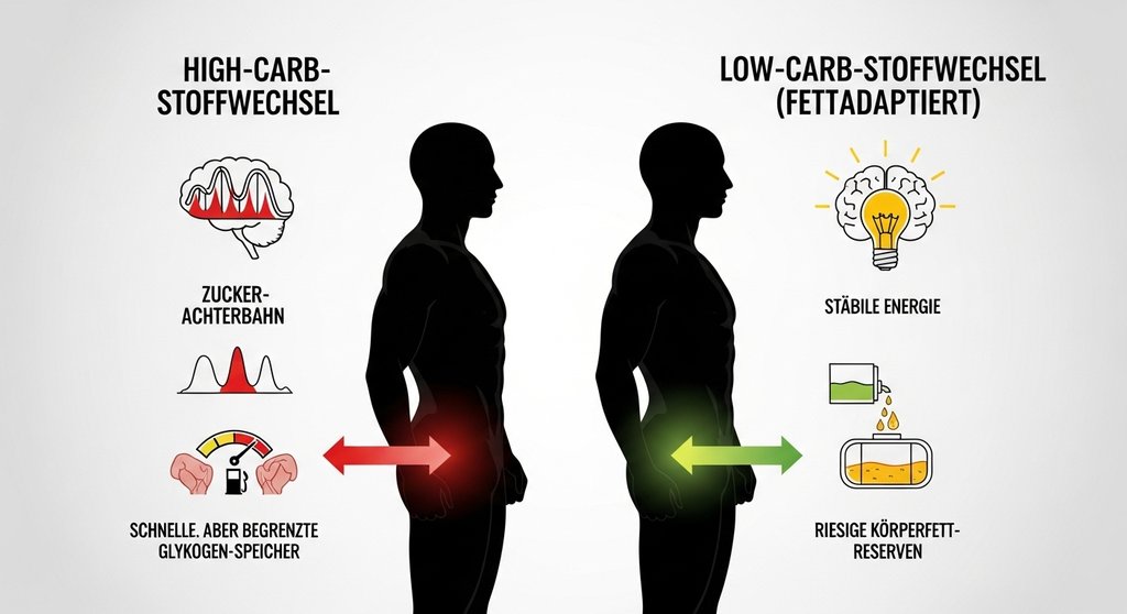 Infografik: Vergleich High-Carb vs. Low-Carb-Ernährung für den CrossTraining-Stoffwechsel