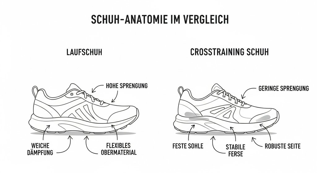 Infografik vergleicht die stabile Sohle von Crosstraining Schuhen mit gedämpften Laufschuhen.