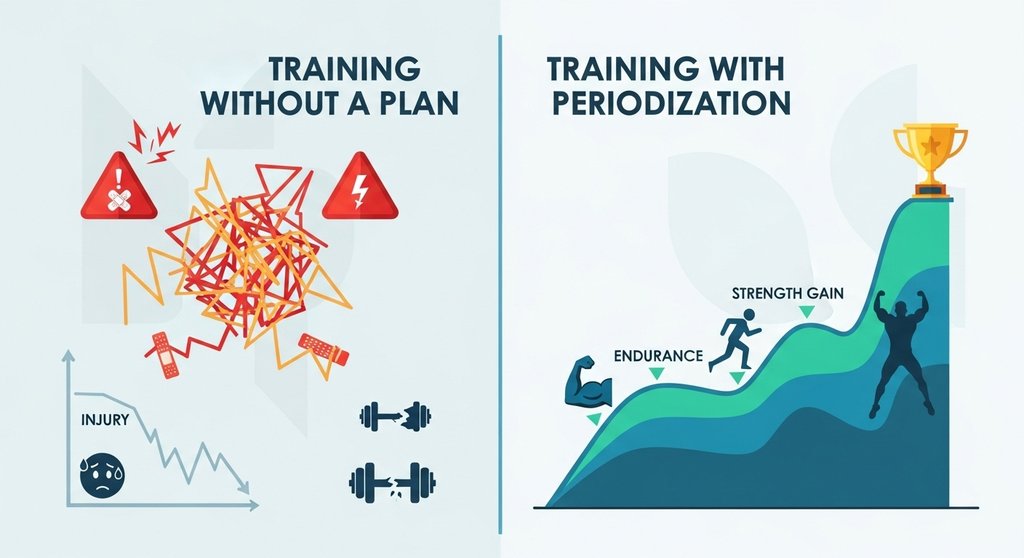 Grafik: Geplanter Leistungsanstieg mit Crosstraining Periodisierung vs. Stagnation ohne Plan.