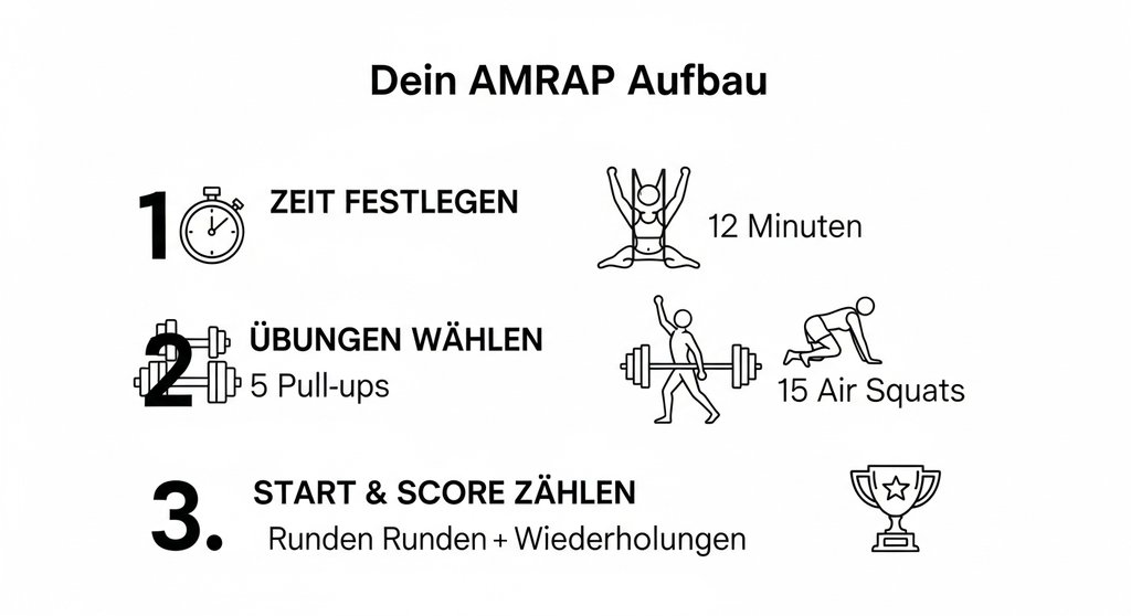 Infografik zur Erstellung eines AMRAP HIIT Workouts in drei einfachen Schritten.