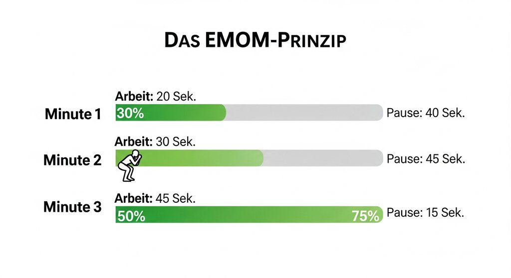 Infografik, die den HIIT Begriff EMOM erklärt, mit einer Zeitleiste für Arbeit und Pause.