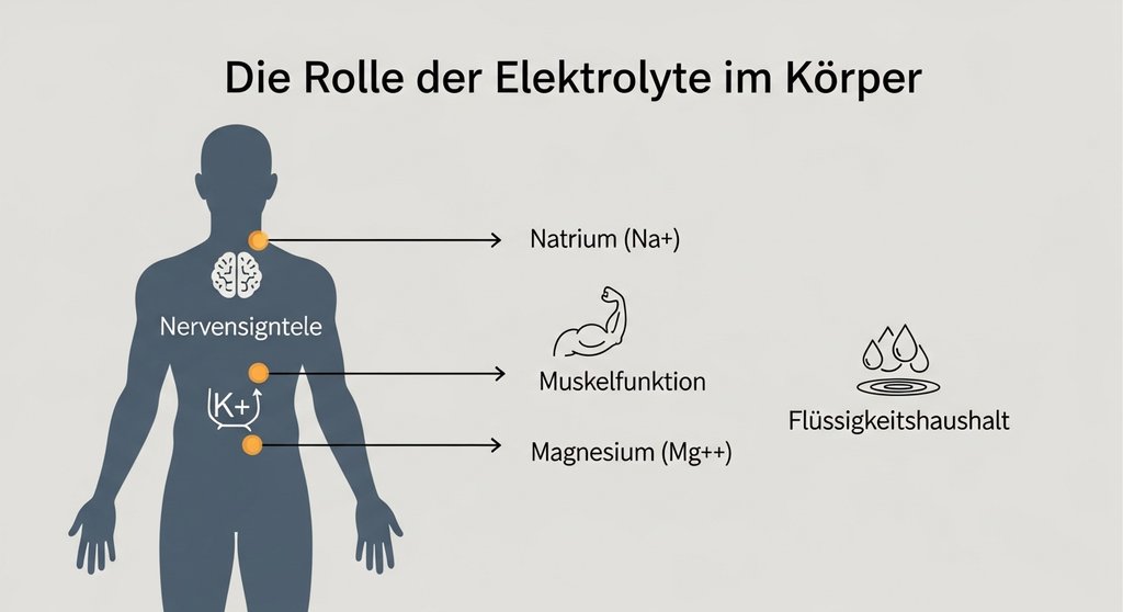 Infografik zur Funktion von Elektrolyten wie Natrium, Kalium und Magnesium für die sportliche Leistung.