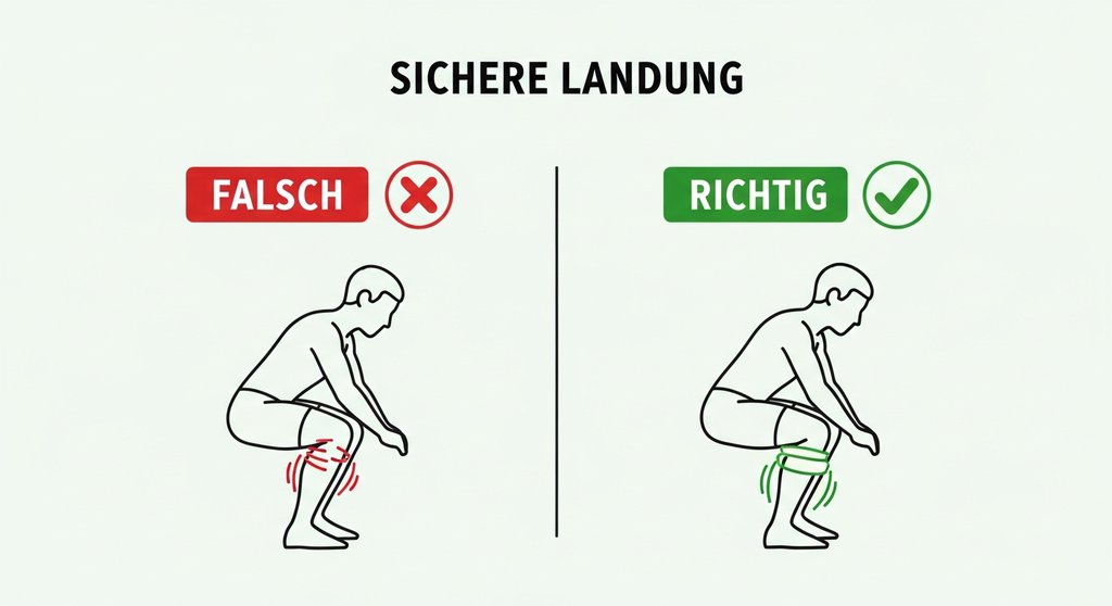 Infografik zur Landetechnik bei plyometrischen HIIT Übungen zur Vorbeugung von Verletzungen.